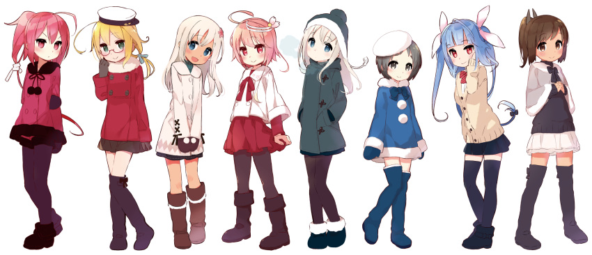 6+girls :&gt; :3 adjusting_hair ahoge alternate_costume ankle_boots arm_at_side arms_at_sides arms_behind_back bangs beanie black_coat black_footwear black_gloves black_hair black_headwear black_legwear black_ribbon black_skirt black_sweater blonde_hair blue_bow blue_dress blue_eyes blue_footwear blue_hair blue_neckwear blue_skirt blunt_bangs blush bobblehat boots bow bowtie brown_eyes brown_footwear brown_hair brown_jacket brown_mittens brown_skirt capelet casual closed_mouth coat double-breasted dress eyebrows_visible_through_hair flower full_body fur-trimmed_boots fur-trimmed_capelet fur-trimmed_dress fur-trimmed_sleeves fur_collar fur_hat fur_trim glasses gloves green_eyes hair_flower hair_ornament hair_ribbon hand_in_hair hand_on_own_arm hand_up hands_in_pockets hat head_tilt highres i-168_(kantai_collection) i-19_(kantai_collection) i-401_(kantai_collection) i-58_(kantai_collection) i-8_(kantai_collection) jacket kantai_collection knee_boots legs_apart legwear_under_shorts long_hair long_sleeves looking_at_viewer maru-yu_(kantai_collection) miniskirt mittens multiple_girls own_hands_together pantyhose peaked_cap petticoat pink_hair pink_ribbon pom_pom_(clothes) ponytail purple_legwear red-framed_eyewear red_bow red_coat red_dress red_eyes red_hair red_neckwear red_shorts ribbon ro-500_(kantai_collection) short_hair shorts sideways_hat silver_hair simple_background skirt smile starfish_hair_ornament striped striped_bow striped_neckwear sweater swept_bangs tareme thigh_boots thighhighs twintails u-511_(kantai_collection) v-shaped_eyebrows v_arms white_background white_coat white_headwear white_skirt winter_clothes winter_coat yoru_nai zettai_ryouiki