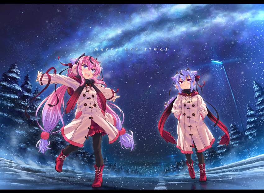 2others blue_eyes blue_hair boots braid christmas coat commentary cross-laced_footwear etogami_kazuya gradient_hair hair_flaps hair_ornament hair_scrunchie hands_in_pockets highres lace-up_boots lamppost long_hair meika_hime meika_mikoto merry_christmas miniskirt multicolored_hair multiple_others night night_sky open_mouth outstretched_arms pantyhose pine_tree pink_eyes pink_hair red_footwear red_scarf red_skirt reflection ribbon road scarf scenery scrunchie skirt sky smile snowing star_(sky) starry_sky tree twintails very_long_hair vocaloid white_coat wide_shot winter