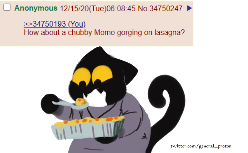 4chan anthro black_body black_fur curled_tail domestic_cat eating fangs felid feline felis female food fur general_proton google google_doodle hi_res holding_object lasagna lip_fang looking_at_object magic_cat_academy mammal momo_(google) narrowed_eyes open_mouth pasta requested_art slightly_chubby solo squint yellow_eyes