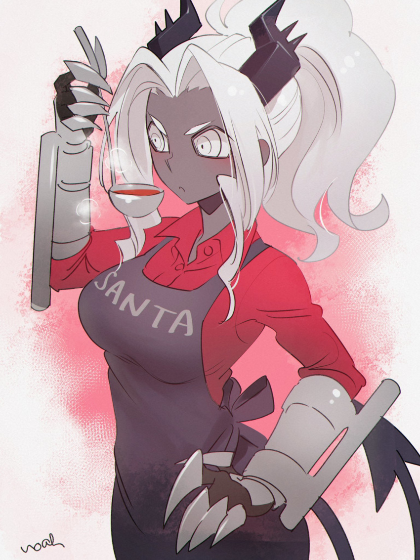 1girl apron artist_name black_apron black_horns clothes_writing dark_skin demon_girl demon_horns demon_tail food gauntlets helltaker highres horns judgement_(helltaker) ladle noaharbre ponytail red_shirt shirt short_hair solo tail white_eyes white_hair