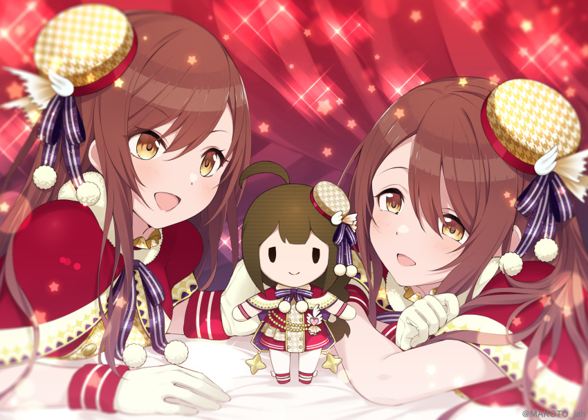 bangs brown_hair capelet character_doll curtains gloves hair_ribbon hat highres idolmaster idolmaster_shiny_colors long_hair lying mini_hat mizuki_makoto neck_ribbon on_bed on_stomach oosaki_amana oosaki_tenka ribbon santa_costume siblings sisters sparkle star_(symbol) swept_bangs twins white_gloves yellow_eyes