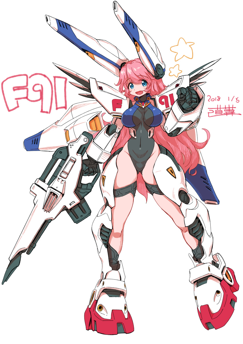 1girl absurdres bangs breasts clenched_hand covered_navel dated eyebrows_visible_through_hair f91_gundam gun gundam gundam_f91 highres holding holding_gun holding_weapon large_breasts leotard long_hair mecha_musume michi_kuso open_mouth personification pink_hair skin_tight smile solo standing star_(symbol) very_long_hair weapon white_background wide_hips