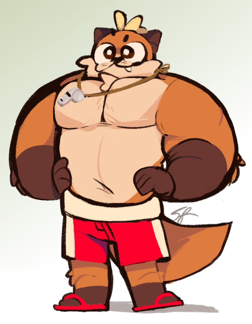 2020 anthro big_eyes clothed clothing footwear grey_background hands_on_hips hi_res lifeguard lutrine male mammal muscular muscular_anthro muscular_male mustelid navel neckwear otto_(scraffyraccoon) sandals scraffyraccoon simple_background smile solo standing swimming_trunks swimwear topless topless_male whistle working