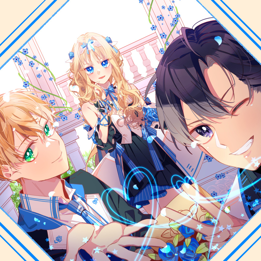 1girl 2boys :d absurdres alice_zuberg blonde_hair blue_bow blue_eyes blue_neckwear blue_ribbon bow closed_mouth dress eugeo fingernails green_eyes hair_ribbon highres kirito long_hair looking_at_viewer multiple_boys one_eye_closed open_mouth purple_eyes reaching_out ribbon smile sword_art_online sword_art_online:_alicization v vest white_background yuan_haruka