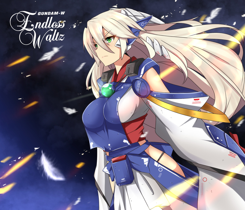 1girl absurdres altronage blonde_hair breasts copyright_name embers english_commentary feathers green_eyes gundam gundam_wing gundam_wing_endless_waltz hair_between_eyes highres japanese_clothes jewelry logo looking_ahead medium_breasts necklace personification sleeves_past_fingers sleeves_past_wrists solo space v-shaped_eyebrows wide_sleeves wing_gundam_zero_custom