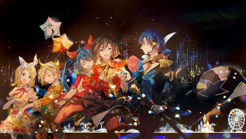 2boys 3girls absurdres balloon band_uniform bangs black_jacket blonde_hair blue_eyes blue_hair bow brown_eyes brown_hair cityscape closed_eyes commentary dress epaulettes ferris_wheel frilled_dress frills hair_bow hair_ornament hairclip hatsune_miku headphones headset highres holding holding_wand jacket kagamine_len kagamine_rin kaito karanagare_4 long_hair meiko multiple_boys multiple_girls night night_sky open_mouth orange_jacket project_sekai red_jacket short_hair short_ponytail short_sleeves sky smile spiked_hair star_(sky) star_balloon starry_sky swept_bangs twintails uniform vocaloid wand white_bow yellow_dress