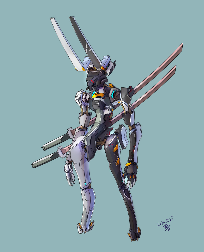 absurdres blue_background dated highres katana looking_ahead mecha moi_moi7 no_humans open_hands original science_fiction sheath sheathed signature standing sword weapon