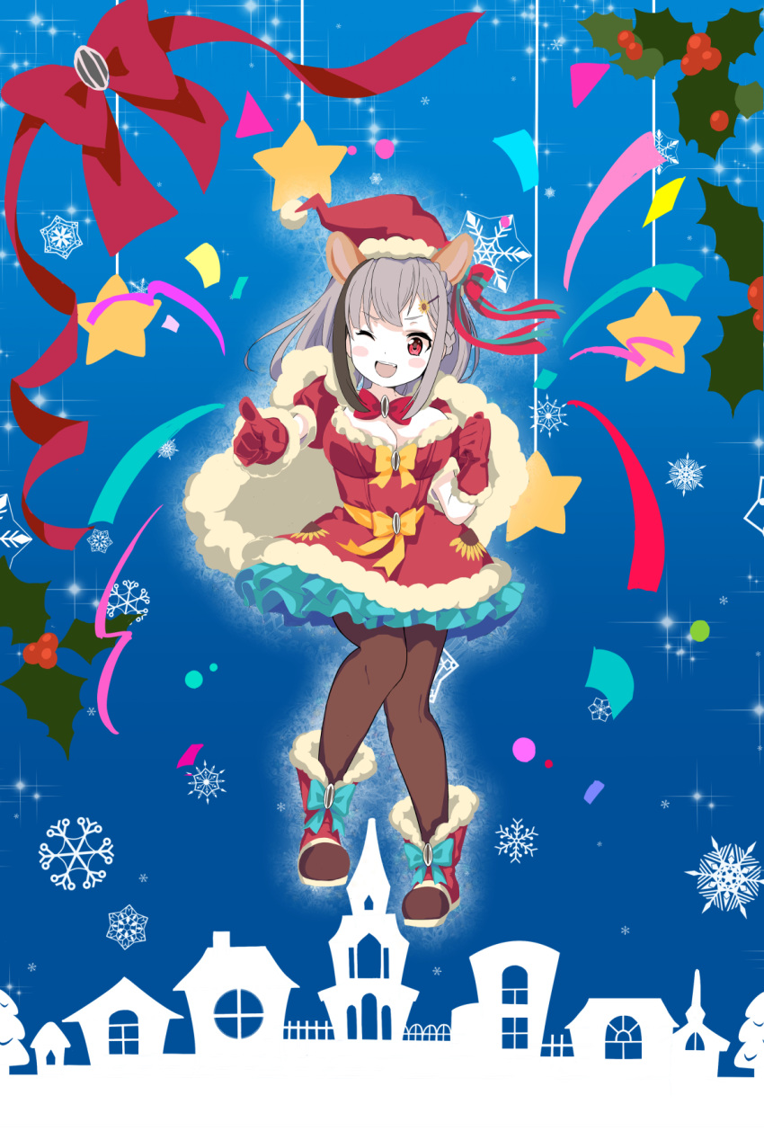 1girl ;d animal_ears black_legwear bow bowtie breasts christmas cleavage commentary_request dress flower full_body fur_trim gloves grey_hair hair_flower hair_ornament hamster_ears hat highres holding holding_sack indie_virtual_youtuber kirara_mimi multicolored_hair one_eye_closed open_mouth pantyhose pointing puffy_short_sleeves puffy_sleeves red_bow red_dress red_eyes red_gloves red_headwear ru_roiroiro sack santa_costume santa_hat short_sleeves smile solo streaked_hair virtual_youtuber yellow_bow