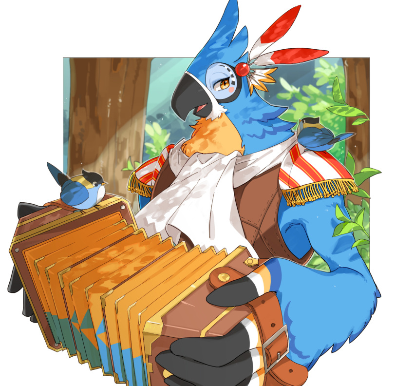 accordion anthro aooni avian bird blue_body blue_feathers blush breath_of_the_wild detailed_background feathers hi_res kass_(tloz) male musical_instrument musician nintendo outside parrot plant rito the_legend_of_zelda tree video_games