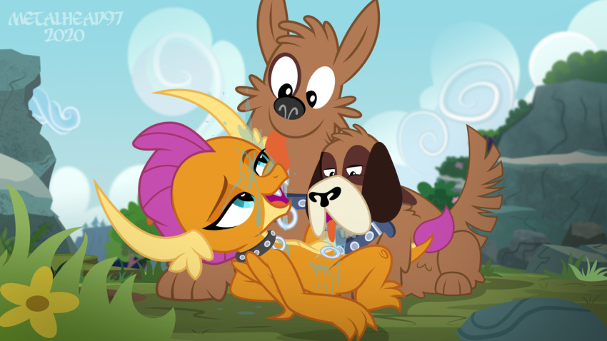 all_fours anthro bestiality better_version_at_source bodily_fluids brown_body brown_fur canid canine canis collar domestic_dog dragon drooling duo female feral friendship_is_magic fur hasbro horn interspecies kissing licking male male/female mammal metalhead97 multi_head my_little_pony open_mouth orange_body orange_scales orthros orthros_(mlp) reptile saliva scales scalie smolder_(mlp) smolthros submissive tongue tongue_out