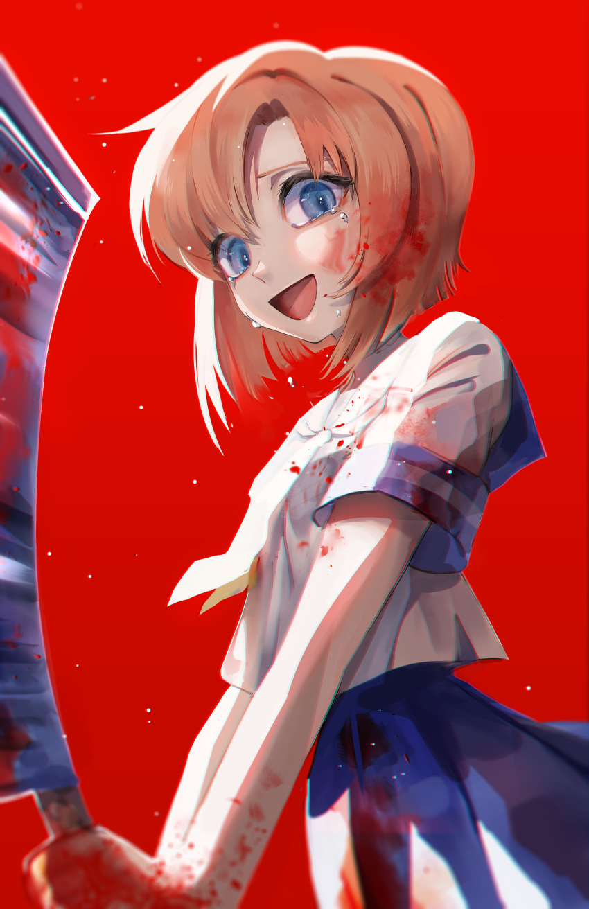 1girl absurdres blood blood_on_hands blood_on_weapon blue_eyes blue_skirt commentary crying crying_with_eyes_open hashitsuki_nata highres higurashi_no_naku_koro_ni holding nata_(tool) open_mouth orange_hair pleated_skirt red_background rin_(rin7kan7) ryuuguu_rena sad_smile sailor_collar sailor_shirt school_uniform shirt short_sleeves skirt solo tears weapon