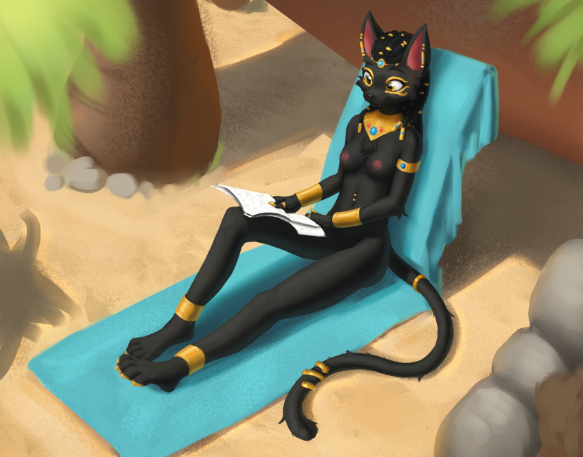 4_toes absurd_res accessory anklet anthro areola arm_tuft armlet bare_chest bast bastet_(primonyr) black_body black_fur black_hair black_nose book bracelet breasts cheek_tuft chest_tuft cute_fangs deity detailed_background diety domestic_cat ear_piercing egyptian_god egyptian_mythology elbow_tufts facial_markings facial_tuft felid feline felis female fur gold_(metal) gold_jewelry gold_markings hair hair_accessory happy head_markings hi_res jewelry mammal markings middle_eastern_mythology mostly_nude mythology navel navel_piercing necklace nipples outside palm_tree piercing pink_areola pink_ears pink_nipples plant reading reading_book reclining rock sand saneaz sitting small_breasts smile solo tail_jewelry thin_tail toes towel tree tuft yellow_eyes yellow_markings