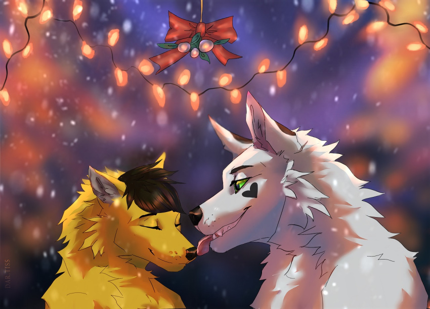 arctic_wolf asian_mythology canid canine canis christmas dar.tiss east_asian_mythology female feral fox fox_spirit gift holidays kira_redpaw licking male male/female mammal mistletoe mythology plant rio_redpaw tongue tongue_out wolf