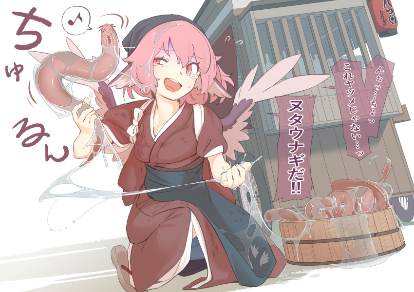 1girl animal_ears apron bird_wings brown_kimono bucket commentary_request fish head_scarf highres japanese_clothes kawayabug kimono lamprey musical_note mystia_lorelei okamisty one_knee open_mouth pink_hair red_eyes sandals short_hair sleeves_rolled_up solo spoken_musical_note tears touhou uneven_eyes wet white_background wings wooden_bucket