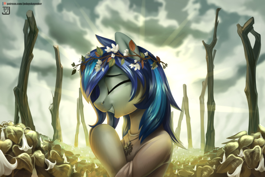 2020 3:2 blue_mane crossover english_text equid equine eyes_closed fan_character far_cry_5 female feral flower fur hasbro hi_res horse jedayskayvoker mammal mane my_little_pony open_mouth open_smile plant pony praying signature smile solo text url white_body white_fur