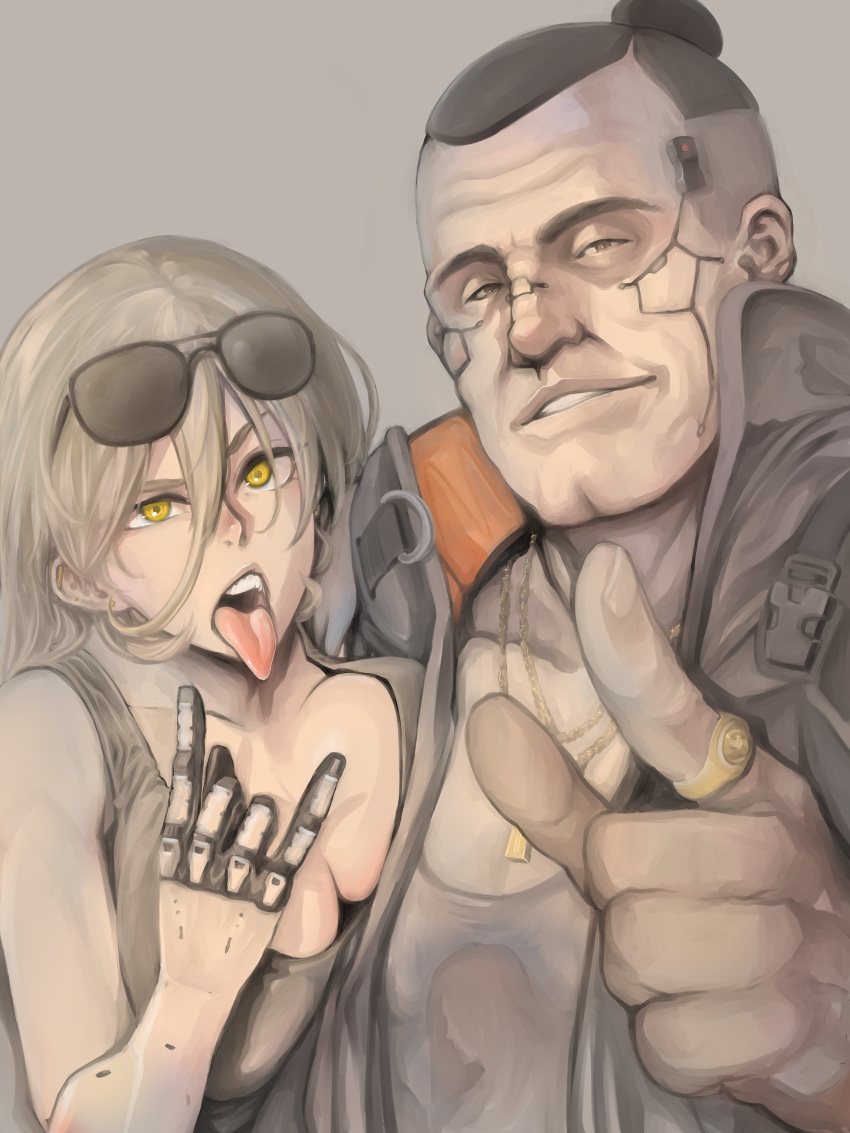 :p \n/ absurdres black_hair blonde_hair breasts cleavage commentary_request cyberpunk cyberpunk_2077 earrings glasses highres jacket jackie_welles jewelry large_breasts long_hair looking_at_viewer pointing pointing_at_viewer ring shindol short_hair simple_background sketch sunglasses tongue tongue_out undercut yellow_eyes