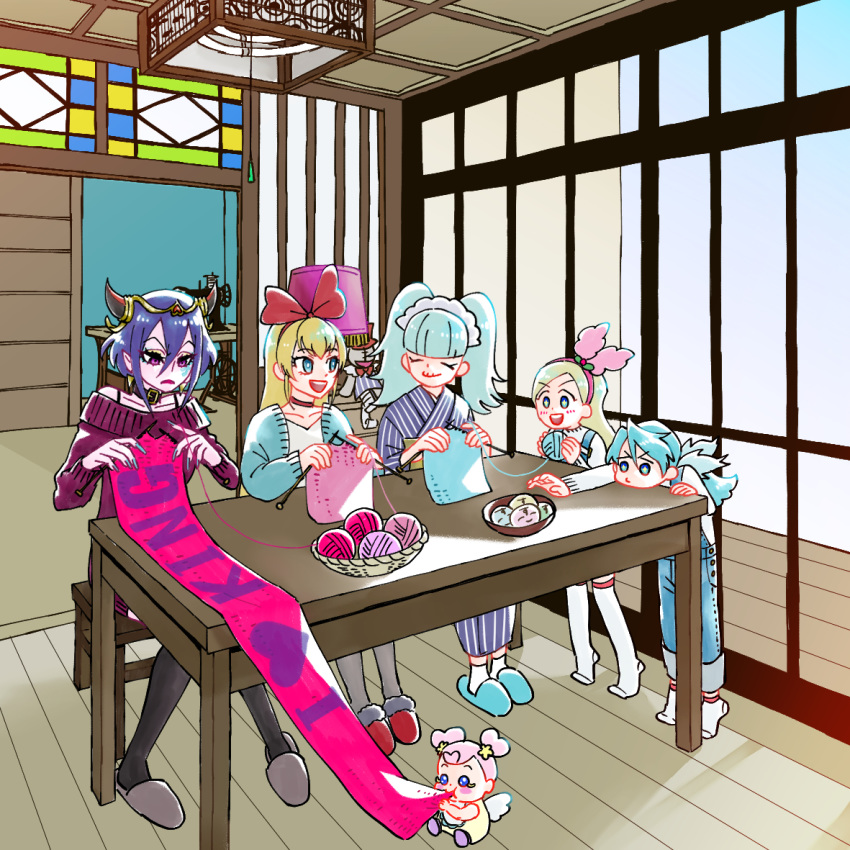 6+girls :d aqua_hair aqua_nails aqua_sweater belt_collar blonde_hair blue_eyes blue_hair blue_kimono blush_stickers bow_hairband bowl bright_pupils cardigan chair character_request choker closed_eyes collar collarbone commentary_request copyright_request dress english_text eyebrows_visible_through_hair facepaint fingernails fur-trimmed_footwear grey_footwear hair_between_eyes hairband headdress heart holding horns indoors japanese_clothes kimono knees_together_feet_apart knitting knitting_needle lamp lampshade leaning_forward long_fingernails long_hair looking_at_another monster_rally multiple_girls nail_polish needle off-shoulder_sweater off_shoulder open_mouth outstretched_arm overalls pink_hair purple_collar purple_dress purple_hair purple_sweater red_choker red_footwear red_hairband sewing_machine shirt short_hair sidelocks sitting sliding_doors slippers smile socks stained_glass striped striped_kimono sweater sweater_dress table thighhighs tiptoes white_pupils white_shirt wings wooden_floor yarn yarn_ball