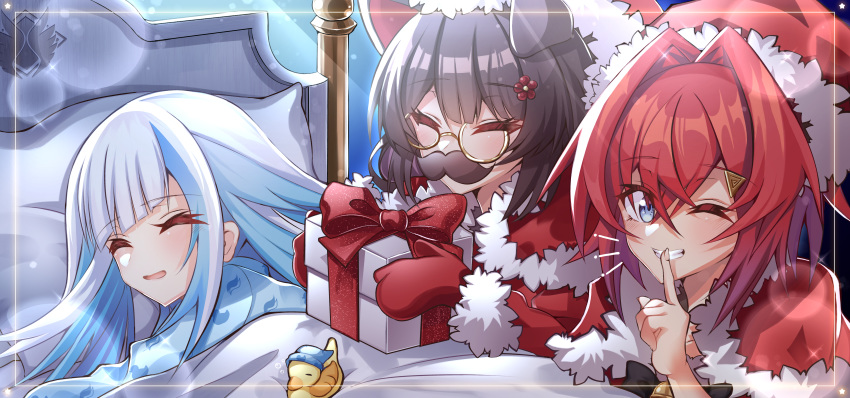 3girls absurdres ange_katrina bangs bed bell bird blue_eyes blue_hair brown_hair christmas colored_inner_hair eyebrows_visible_through_hair finger_to_mouth flower fur_trim gift hair_between_eyes hair_flower hair_ornament hat highres holding holding_gift inui_toko lize_helesta looking_at_viewer multicolored_hair multiple_girls nijisanji one_eye_closed open_mouth papa-kun_(destiny549-2) red_hair red_mittens santa_hat sebastian_piyodore short_hair sleeping smile triangle_hair_ornament under_covers v virtual_youtuber white_hair