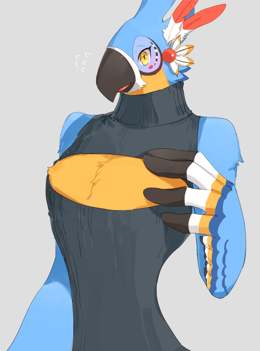 absurd_res anthro aooni avian beak bird blush breath_of_the_wild cleavage_cutout clothing embarrassed hi_res kass_(tloz) keyhole_turtleneck male muscular muscular_anthro muscular_male nintendo parrot pecs rito sleeveless solo sweater the_legend_of_zelda topwear video_games