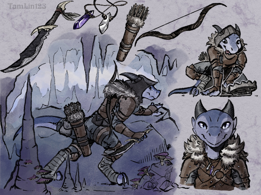 ambiguous_gender amulet anthro armor arrow bear_trap blue_body blue_scales bow cave dagger fantasy foot_wraps fur_collar hood kobold melee_weapon multiple_poses pose quiver scales scalie solo tail_pouch tamlin123 tongue tongue_out trap_(contrivance) underground weapon wraps