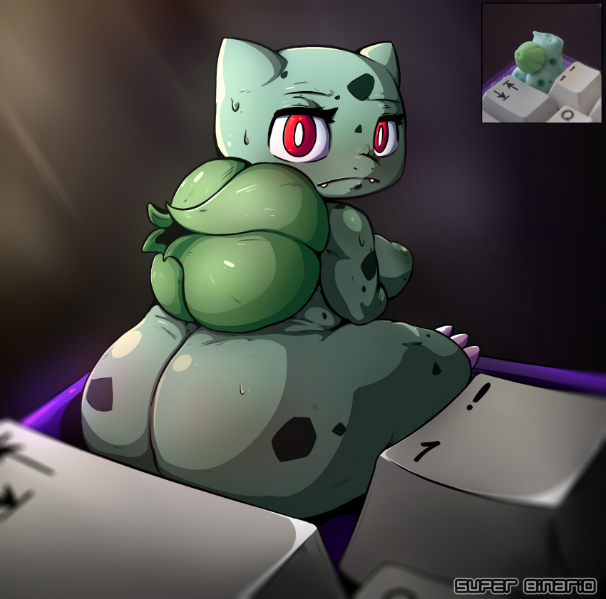 anthro big_breasts blush breasts bulbasaur butt elemental_creature female flora_fauna green_body hi_res looking_at_viewer mammal nintendo nipples not_furry nude plant pok&eacute;mon pok&eacute;mon_(species) red_eyes simple_background solo superbinario video_games