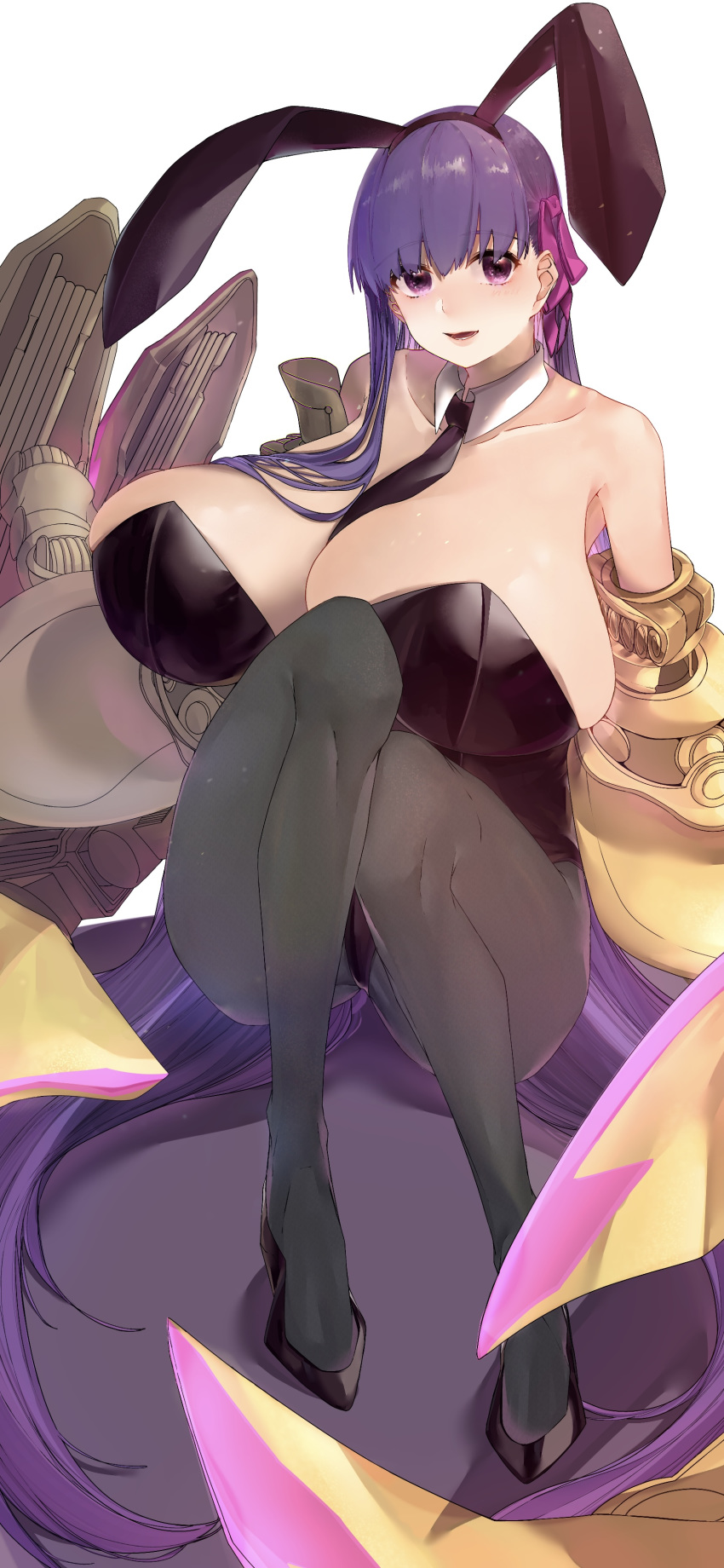 1girl absurdly_long_hair absurdres anmochi_mochi bare_shoulders breasts cleavage collarbone commentary_request fate/extra fate/extra_ccc fate/grand_order fate_(series) high_heels highres huge_breasts long_hair looking_at_viewer pantyhose parted_lips passionlip playboy_bunny purple_eyes purple_hair simple_background smile solo very_long_hair white_background