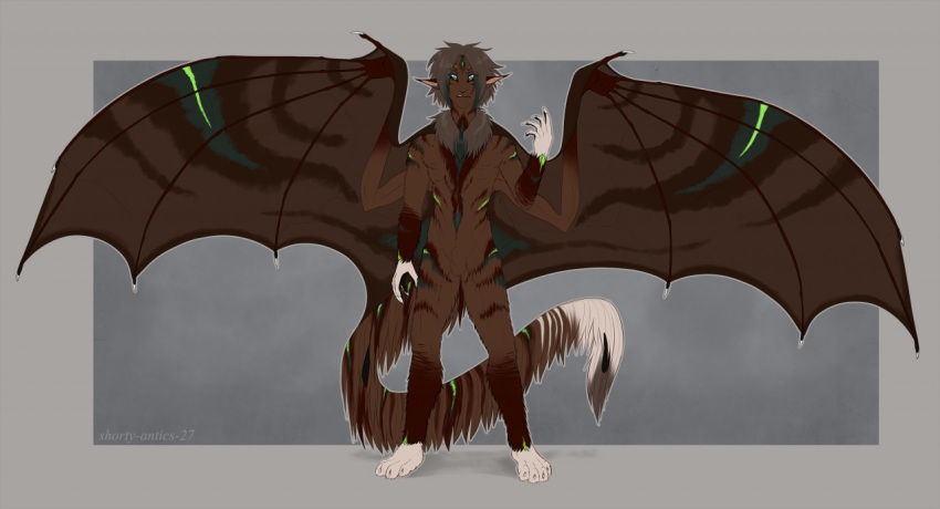 2018 brown_body brown_fur digital_media_(artwork) front_view full_length_portait fur green_eyes green_highlights grey_hair hair highlights_(coloring) huge_wings looking_at_viewer male shorty-antics-27 simple_background solo standing volatikai