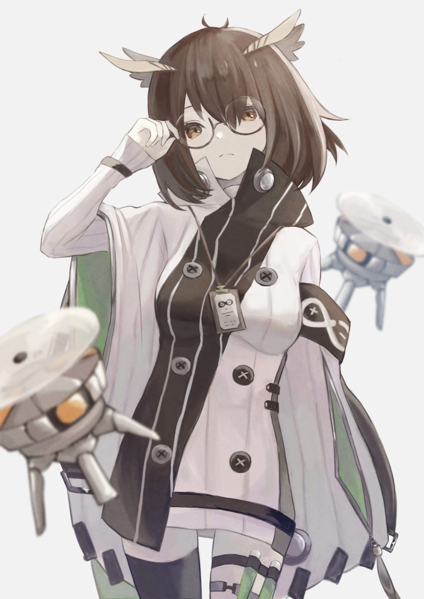 1girl 99noe_honoka arknights arm_up armband black_legwear blurry breasts brown_eyes brown_hair buttons coat commentary cowboy_shot depth_of_field drone feather_hair glasses hair_between_eyes highres id_card looking_at_viewer medium_breasts medium_hair mismatched_legwear owl_ears rhine_lab_logo silence_(arknights) simple_background solo standing thigh_strap thighhighs vial white_background white_coat
