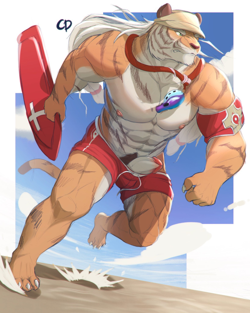 2020 abs anthro beach biceps cancerdoge clothing day felid fur genitals hair hi_res humanoid_genitalia humanoid_penis lifeguard male mammal multicolored_body multicolored_fur muscular muscular_anthro muscular_male nipples orange_body orange_fur pang pantherine pecs penis pubes sdorica sdorica_sunset seaside solo stripped_fur swimming_trunks swimwear tiger two_tone_body two_tone_fur whistle white_body white_fur white_hair