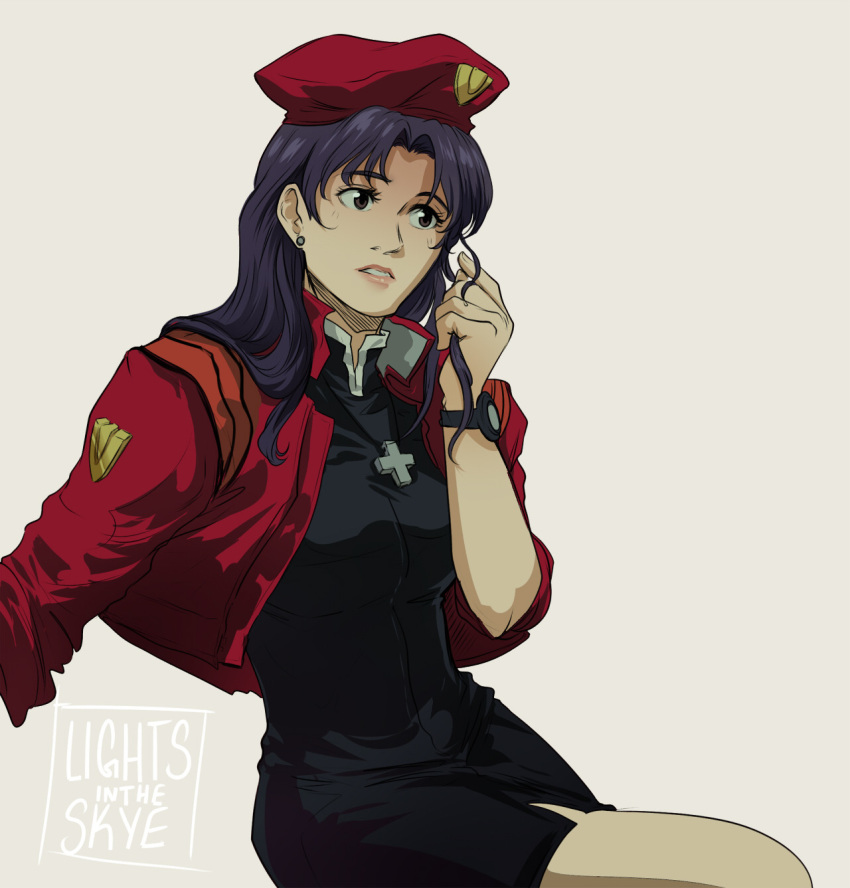 1girl artist_name bangs beret black_dress breasts cropped_jacket cross cross_necklace dress earrings eyebrows_visible_through_hair hat highres jacket jewelry katsuragi_misato long_hair looking_to_the_side naomi_skye necklace neon_genesis_evangelion open_clothes open_jacket parted_lips pencil_dress playing_with_own_hair purple_hair red_headwear red_jacket short_dress signature simple_background sitting solo stud_earrings uniform watch wristwatch