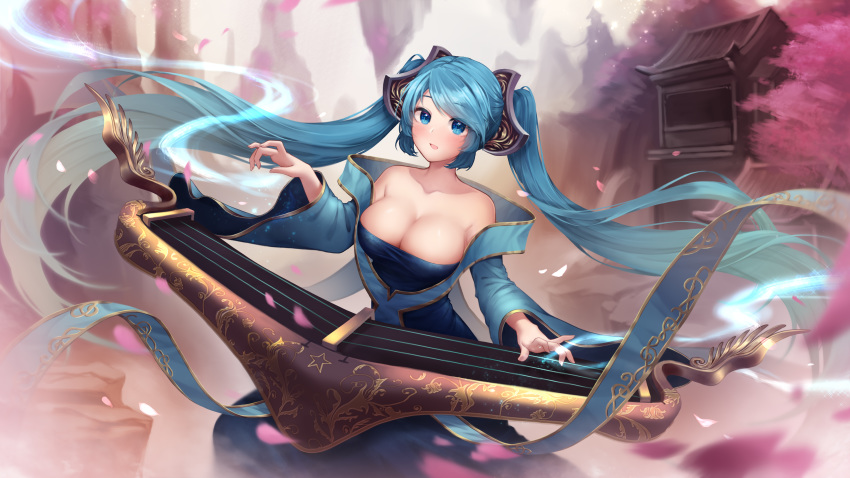 1girl absurdres bare_shoulders blue_eyes blue_hair blush breasts bridge cherry_blossoms cleavage collarbone eyebrows_visible_through_hair fingernails floating highres instrument league_of_legends long_hair long_sleeves mountain music open_mouth outdoors petals playing_instrument rock shrimp_cake smile solo sona_buvelle tree twintails very_long_hair wide_sleeves