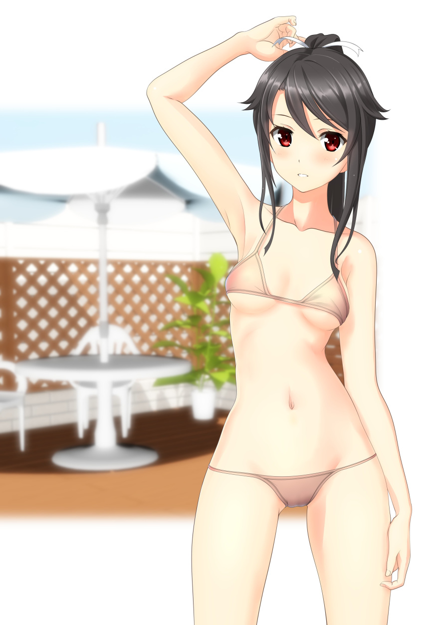 1girl absurdres beach_umbrella beige_bikini black_hair blurry breasts chair commentary_request cowboy_shot depth_of_field fence hair_ribbon high_school_fleet highres long_hair looking_at_viewer munetani_mashiro parted_lips ponytail red_eyes ribbon small_breasts solo standing swimsuit table takafumi umbrella white_ribbon