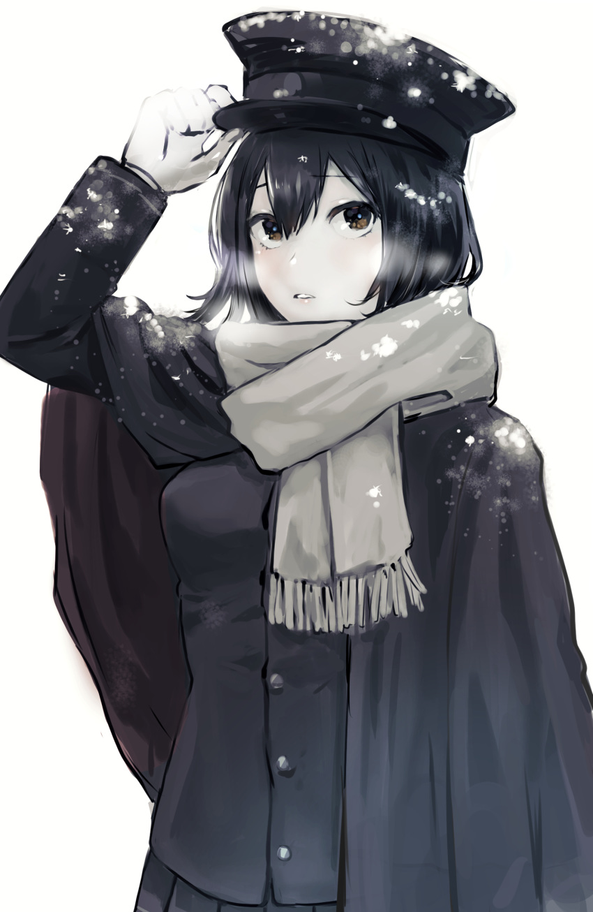 1girl akitsu_maru_(kantai_collection) black_cape black_eyes black_hair black_headwear cape commentary_request gloves hagioshi hat highres kantai_collection military military_hat military_uniform pale_skin peaked_cap pleated_skirt scarf short_hair skirt snow solo uniform upper_body white_gloves white_scarf