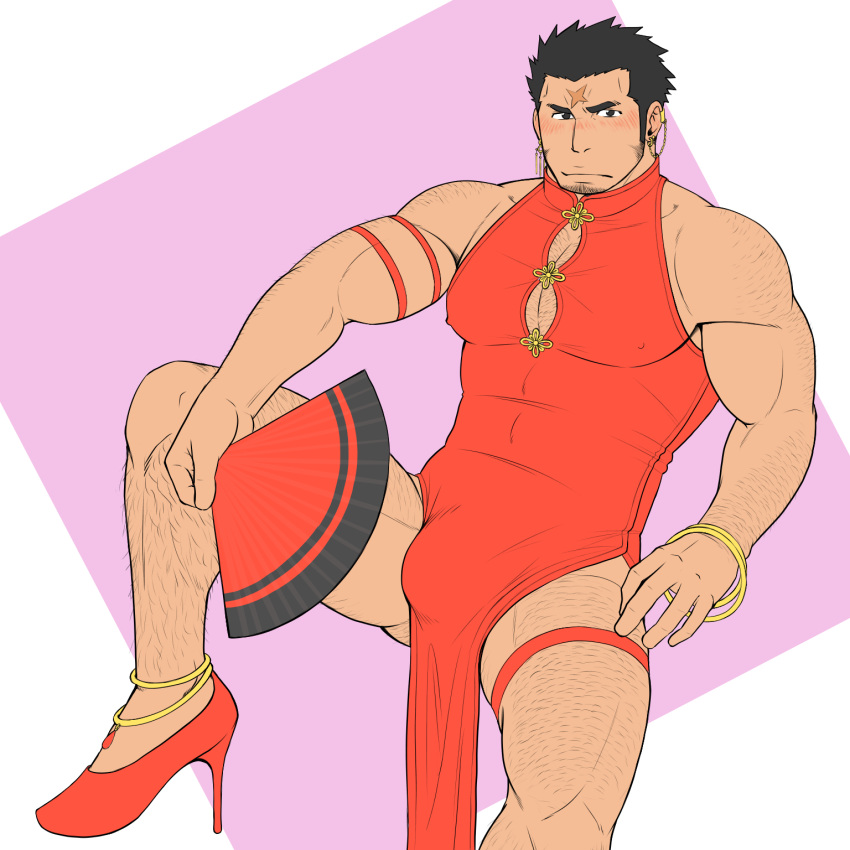 1boy alternate_costume anklet arm_hair ass_visible_through_thighs bara bare_shoulders black_hair blush bracelet bulge chest_hair cleavage_cutout clothing_cutout covered_nipples crossdressing dress earrings facial_hair fan flat_color foot_out_of_frame gold_bracelet gold_earrings hairy high_heels highres holding holding_fan jewelry leg_hair looking_at_viewer male_focus muscular muscular_male oniwaka_(tokyo_houkago_summoners) pectorals pelvic_curtain porkjinta red_dress scar_on_forehead short_hair sideburns sleeveless sleeveless_dress solo spread_legs stubble thick_eyebrows thighs tokyo_houkago_summoners