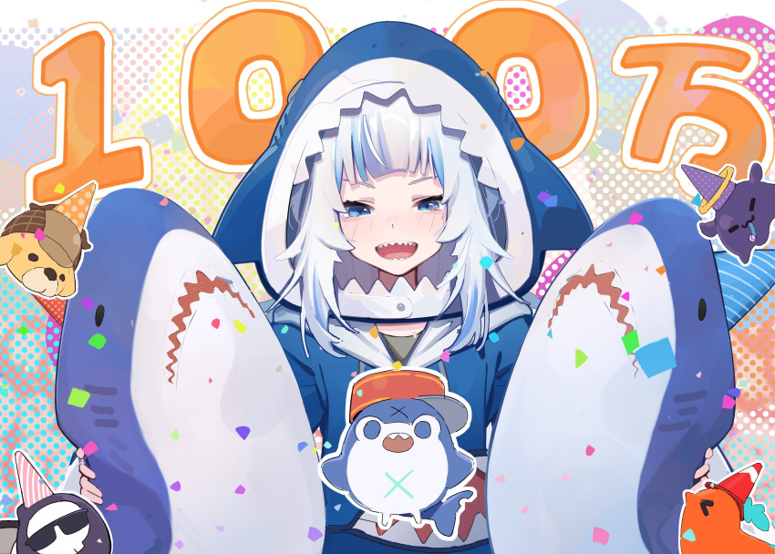 1girl absurdres animal_hood bloop_(gawr_gura) blue_eyes blue_hair blue_hoodie blush bubba_(watson_amelia) commentary confetti congratulations cowboy_shot death-sensei_(mori_calliope) gawr_gura hat highres hololive hololive_english hood hoodie long_hair looking_at_viewer multicolored_hair open_mouth party_hat polka_dot polka_dot_background shark_hood sharp_teeth silver_hair smile streaked_hair stuffed_animal stuffed_shark stuffed_toy tako_(ninomae_ina'nis) teeth traffic_cone traffic_cone_on_head translated two-tone_hair virtual_youtuber zanyak