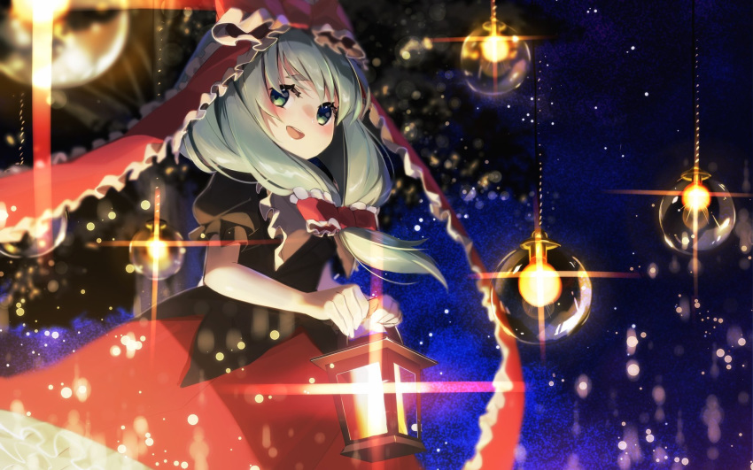1girl bangs black_sky blue_sky blurry blurry_foreground bow commentary depth_of_field diffraction_spikes dress frilled_bow frilled_ribbon frills front_ponytail green_eyes green_hair hair_ribbon highres holding_lamp kagiyama_hina long_dress long_hair looking_at_viewer night night_sky nomu open_mouth puffy_short_sleeves puffy_sleeves red_bow red_dress ribbon short_sleeves sky smile solo standing star_(sky) starry_sky touhou