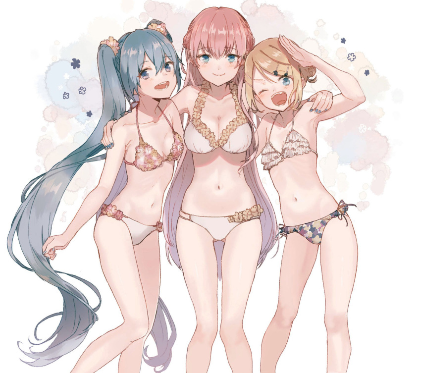 3girls :d ;d absurdly_long_hair alternate_costume aqua_nails arm_around_shoulder arm_at_side arm_behind_back armpit_peek armpits ass_visible_through_thighs bangs bare_legs bikini blonde_hair blue_eyes blue_hair blue_nails blunt_bangs breasts cleavage closed_mouth collarbone commentary contrapposto curly_hair dot_nose eyebrows_visible_through_hair feet_out_of_frame floral_print flower frilled_bikini frills gradient gradient_background hair_bun hair_flower hair_ornament hairclip half-closed_eyes hand_up happy hatsune_miku highres hip_bones jam_(zamuchi) kagamine_rin knees_together_feet_apart large_breasts legs_apart light_blush light_smile lineup long_hair looking_at_viewer medium_breasts megurine_luka multiple_girls navel one_eye_closed open_mouth pink_hair ribs salute sharp_teeth shiny shiny_hair shiny_skin simple_background skinny small_breasts smile standing stomach straight_hair swimsuit tareme teeth thigh_gap twintails very_long_hair vocaloid white_background white_bikini yellow_flower