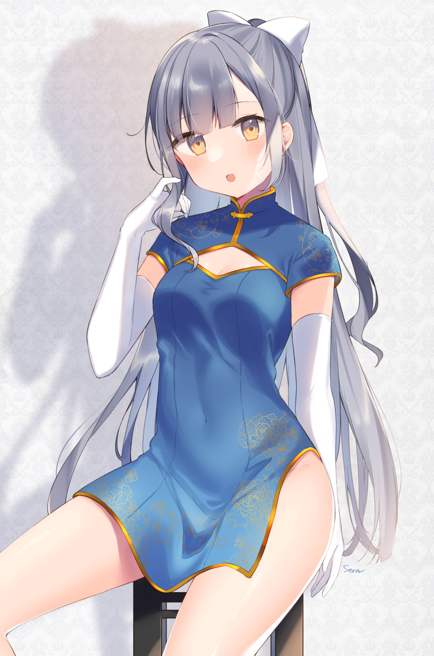 1girl absurdres blue_dress bow breasts china_dress chinese_clothes cleavage_cutout clothing_cutout covered_navel dress elbow_gloves gloves grey_hair hair_bow half_updo highres long_hair original shiino_sera short_dress short_sleeves small_breasts solo white_bow white_gloves yellow_eyes