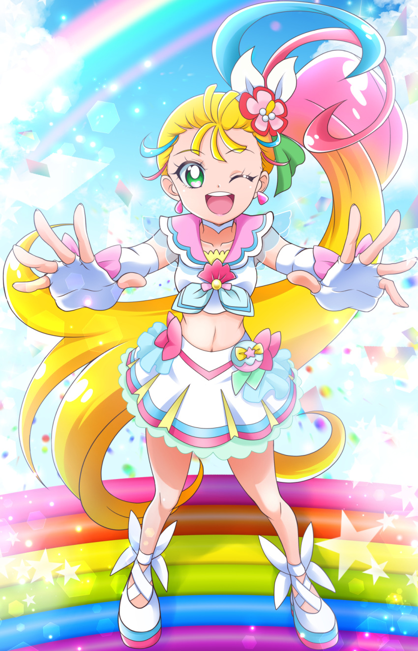 1girl blonde_hair blue_hair blue_sky commentary cure_summer day fingerless_gloves flower frills full_body glove_bow gloves green_eyes hair_flower hair_ornament hair_ribbon hanzou heart heart_in_eye highres lips long_hair looking_at_viewer magical_girl miniskirt multicolored_hair natsumi_manatsu navel one_eye_closed open_mouth outdoors pink_hair precure rainbow rainbow_hair ribbon round_teeth sailor_collar side_ponytail skirt sky sleeveless smile solo symbol_in_eye teeth tropical-rouge!_precure very_long_hair white_footwear white_skirt