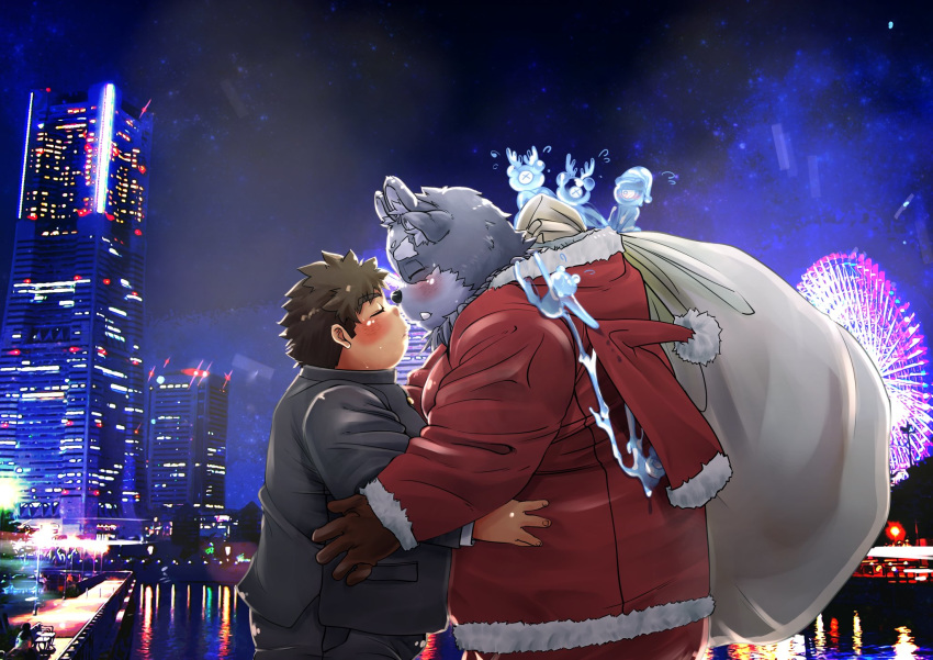 2020 anthro belly blush bottomwear chubby_protagonist_(tas) clothing costume duo eyes_closed hamagiato hi_res human humanoid_hands kemono male male/male mammal night overweight overweight_male pants protagonist_(tas) santa_costume shirt tokyo_afterschool_summoners topwear tsathoggua video_games