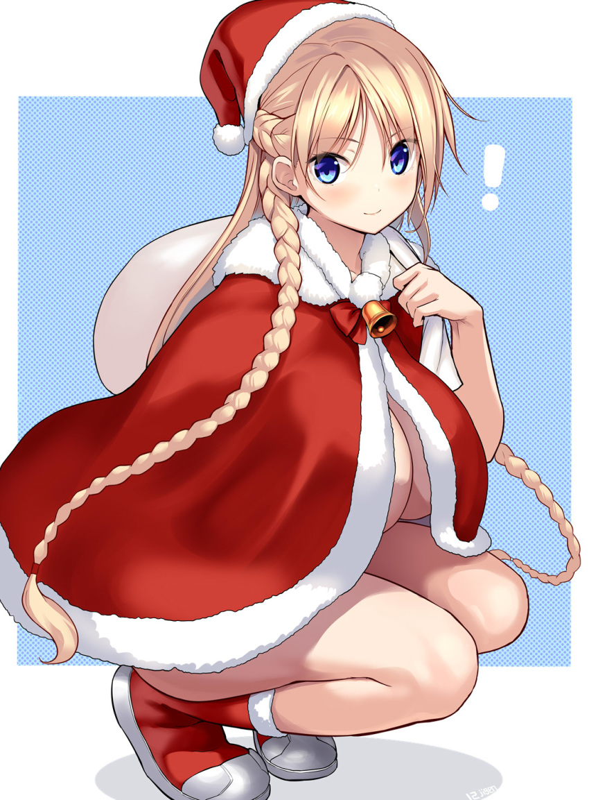 ! 1girl bangs bell blonde_hair blue_eyes blush boots braid breasts cape christmas commentary_request eyebrows_visible_through_hair fur_trim hat highres huge_breasts iinuma_toshinori long_hair looking_at_viewer original red_cape red_footwear red_headwear sack santa_boots santa_costume santa_hat side_braid simple_background smile solo squatting twin_braids very_long_hair