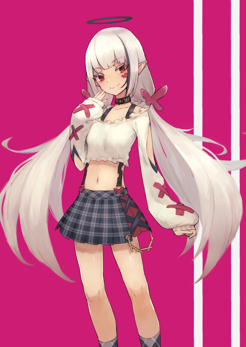 1girl black_choker black_legwear choker closed_mouth collarbone cropped eyebrows_visible_through_hair facial_mark halo highres long_hair navel original pink_background plaid plaid_skirt pointy_ears purple_eyes skirt sleeves_past_wrists smile solo toima_(beat0829) twintails white_hair