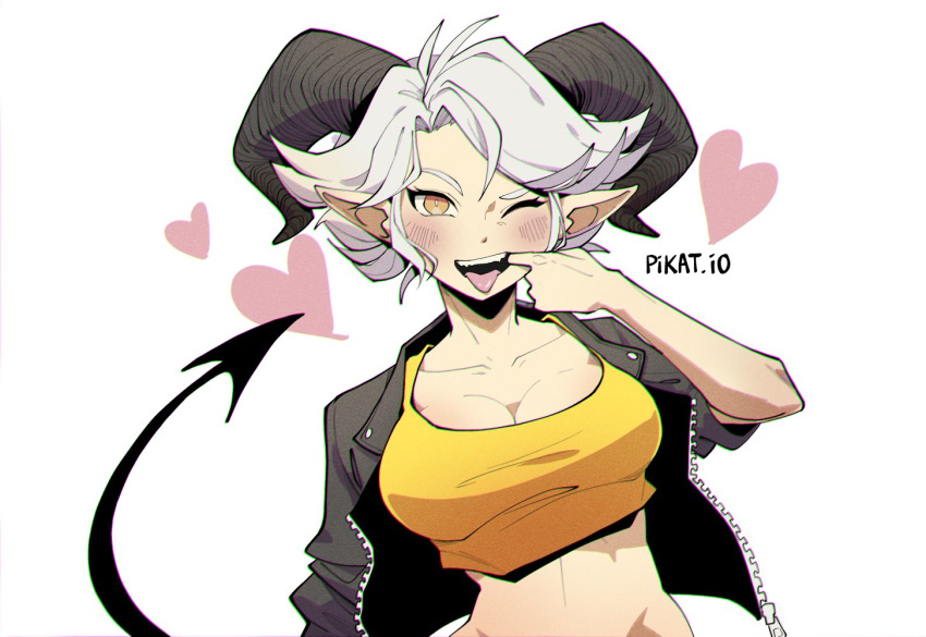 1girl ;p black_jacket blush borrowed_character breasts brown_eyes cleavage commentary crop_top demon_girl demon_horns demon_tail english_commentary fangs finger_in_mouth heart horns jacket large_breasts leather leather_jacket midriff one_eye_closed open_mouth original pikat pointy_ears short_hair silver_hair sleeves_pushed_up solo susan_(rakeem_garcia-cueto) tail tongue tongue_out upper_body watermark web_address white_background