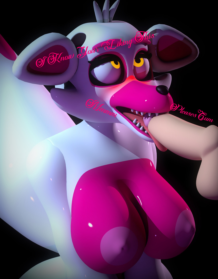 absurd_res animatronic blush breasts canid canine female five_nights_at_freddy's fox funtime_foxy_(fnaf) funtime_foxy_(fnafsl) genitals geometryboymejia glistening glistening_body glowing glowing_eyes hi_res humanoid_genitalia humanoid_penis machine mammal penis robot sister_location text tongue video_games