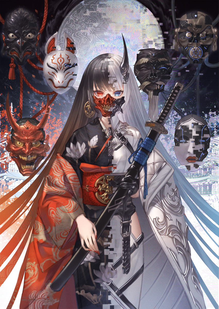 1girl absurdly_long_hair asymmetrical_clothes black_hair blue_eyes covered_mouth digital_dissolve distortion earrings fingernails floating floating_object fox_mask heterochromia highres hip_vent holding holding_sword holding_weapon horns japanese_clothes jewelry katana kimono long_hair looking_at_viewer makai_no_juumin mask moon mouth_mask multicolored_hair nail_polish noh_mask oni_mask original red_eyes red_nails scabbard sheath sheathed single_earring single_horn sword two-tone_hair very_long_hair weapon white_hair wide_sleeves