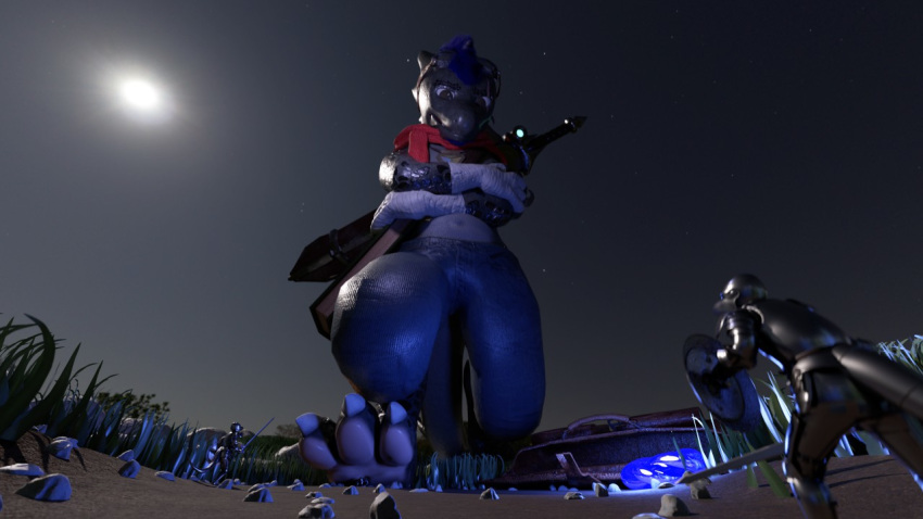 16:9 2019 3_toes 3d_(artwork) ambiguous_gender anthro barefoot blizz_braidy blue_hair claws countershade_feet countershading crossed_arms digital_media_(artwork) dirt eye_contact feet grass grey_body grey_scales group hair knight_armor kobold lizard looking_at_another looking_down low-angle_view male melee_weapon micro navel outside plant red_scarf reptile scales scalie scarf shield shrinking size_transformation sword toes transformation twoscale weapon white_claws widescreen