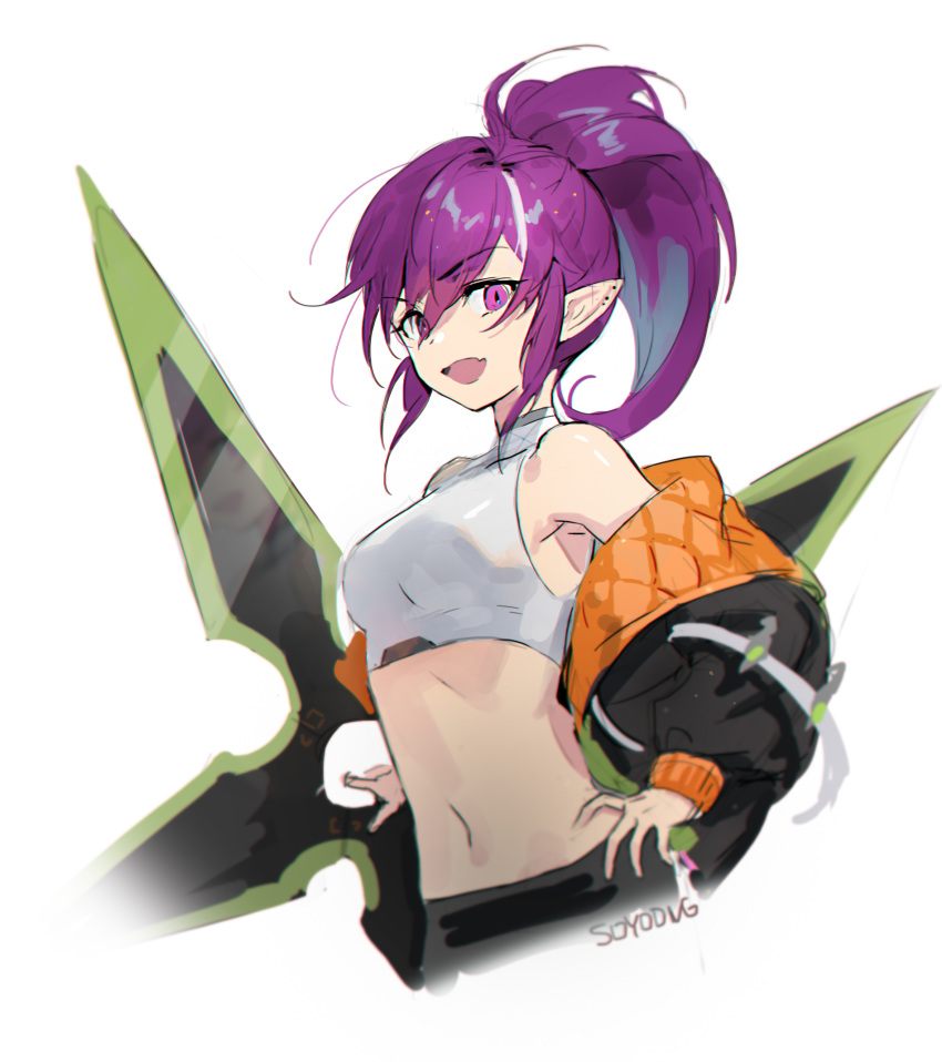 1girl :d armpits astrid_remond bare_shoulders black_jacket breasts chakram crop_top cropped_torso halter_top halterneck highres holding holding_weapon jacket long_hair long_sleeves looking_at_viewer lord_of_heroes medium_breasts midriff multicolored_hair navel off_shoulder open_clothes open_jacket open_mouth pointy_ears ponytail purple_eyes purple_hair shirt sidelocks simple_background sleeveless sleeveless_shirt smile solo soyoong_jun stomach streaked_hair v-shaped_eyebrows weapon white_background white_shirt