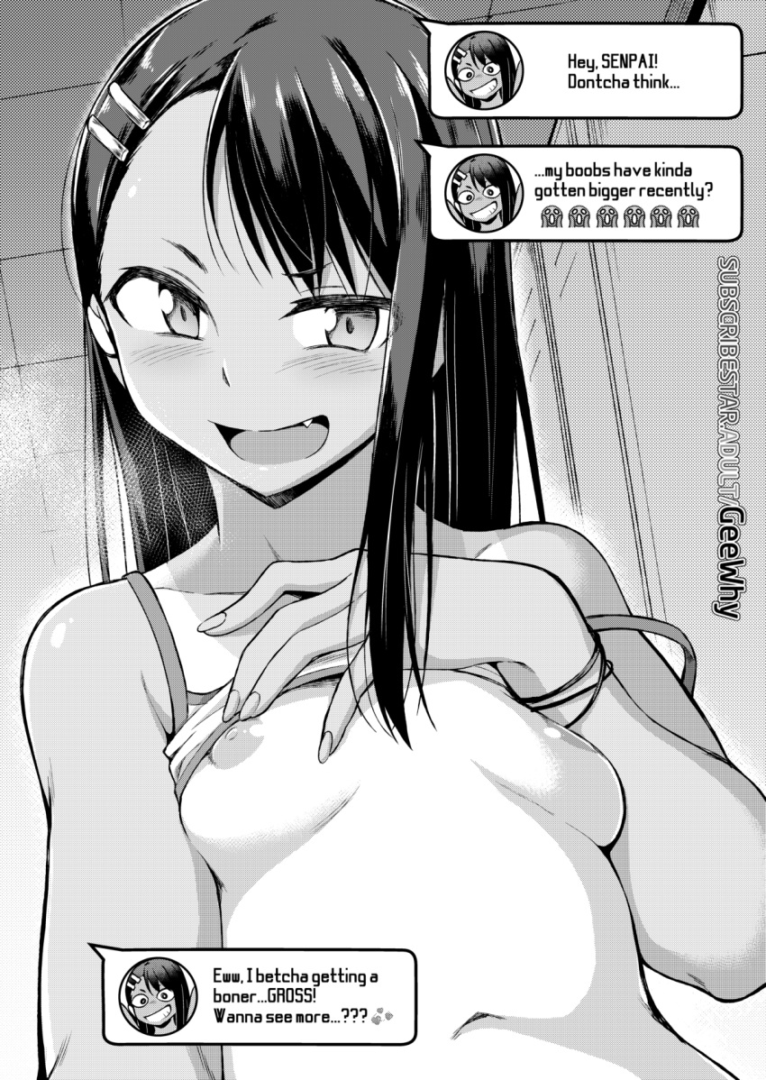 1girl blush bra bra_lift bracelet breasts chat_log dark_skin dark_skinned_female ear_clip english_text fang flashing geewhy greyscale hair_ornament hairclip heavy_breathing highres ijiranaide_nagatoro-san jewelry lifted_by_self long_hair monochrome nagatoro_hayase navel nipples one-piece_tan outstretched_arm self_shot small_breasts solo strap_slip tan tanline text_messaging underwear watermark web_address