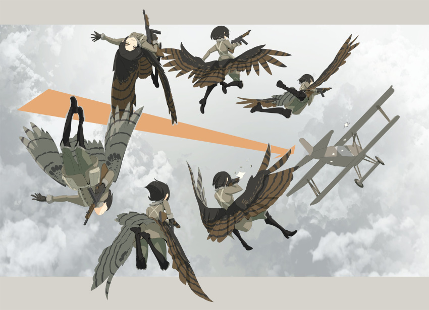 1girl aircraft airplane arrow_(symbol) asterisk_kome black_footwear boots cloud firing flying gloves gun highres holding holding_gun holding_weapon jacket long_sleeves low_wings military military_uniform pants short_hair sky submachine_gun uniform weapon winged_fusiliers wings