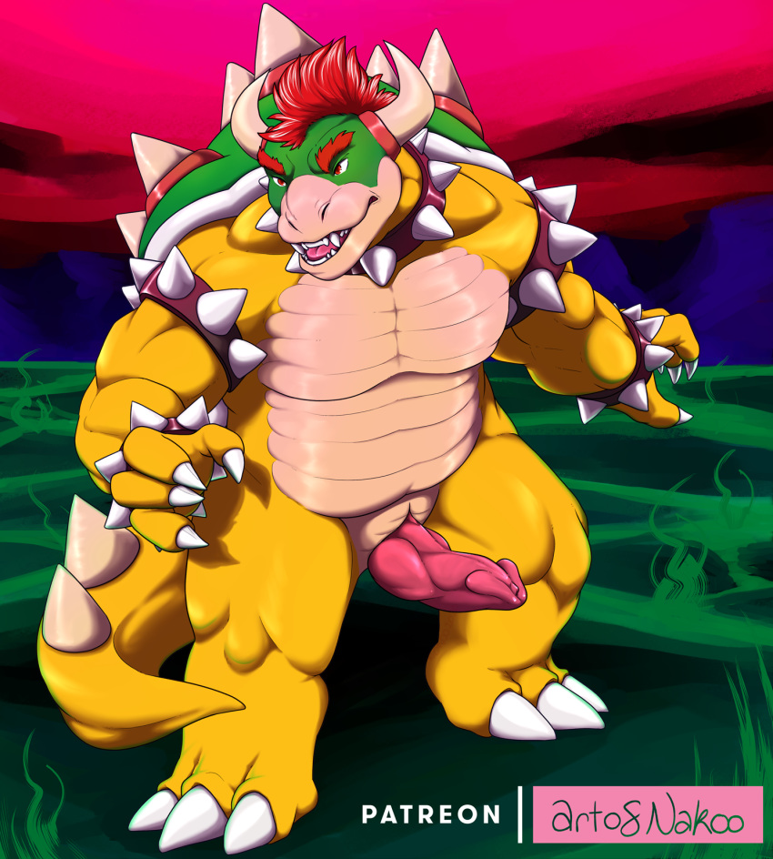 2020 animal_genitalia anthro bowser chubby_male claws conditional_dnp erection genital_slit genitals hair hi_res horn knot koopa male mario_bros muscular muscular_anthro muscular_male nakoo nintendo penis red_hair scalie slit solo spikes video_games yellow_body